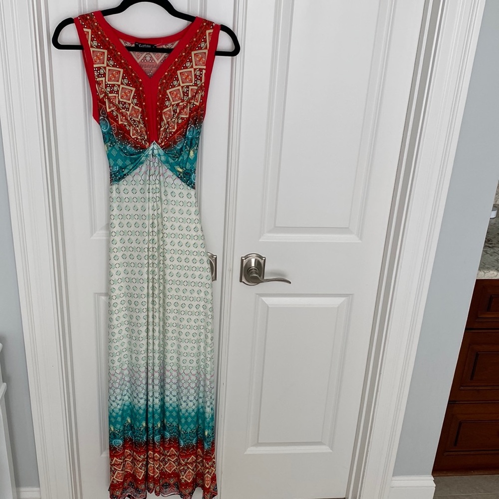 Garantie Multicolored maxi dress, size 2. Orange, white, teal with pattern.